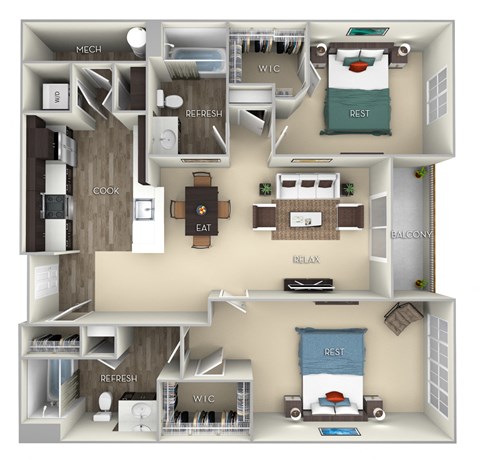 Harvard Kensington Place 2 bedrooms 2 baths furnished floor plan apartment in Woodbridge VA at Kensington Place, Virginia, 22191